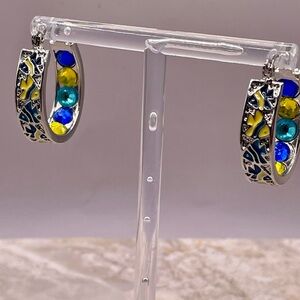 Danbury Mint Silver Tone Hoop Earrings w/Enamel Fish & Crystals. Blue, Yellow